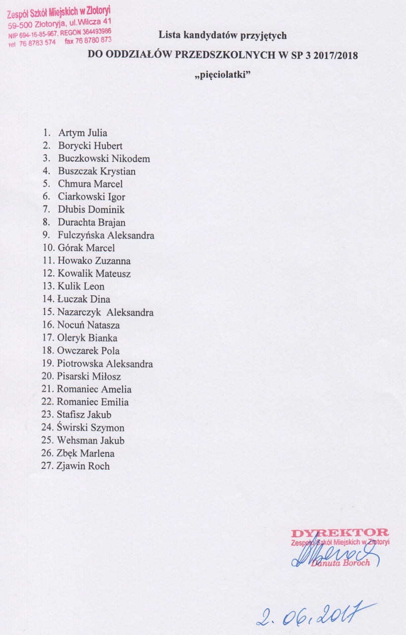 Lista przyjetych 5 latki