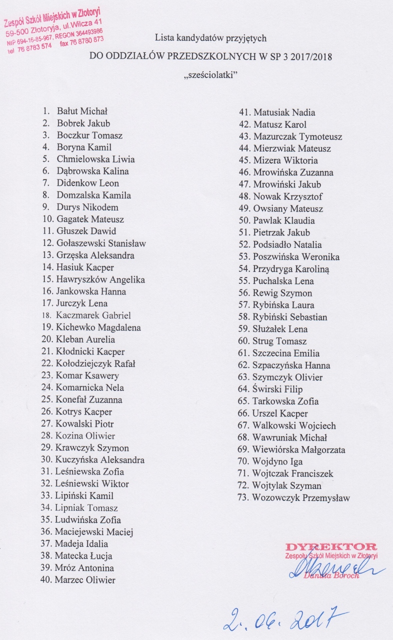 Lista przyjetych 6 latki