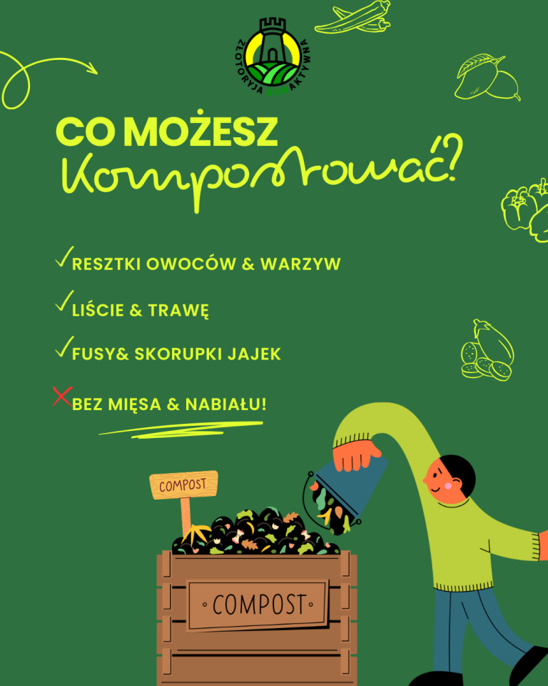Zielone tło z nagłówkiem „Co możesz kompostować?” oraz logo Złotoryi. Lista dozwolonych składników: resztki owoców i warzyw, liście i trawę, fusy i skorupki jajek – zaznaczone na zielono. Zakaz kompostowania mięsa i nabiału – oznaczone czerwonym „X”. Obok ilustracja osoby wsypującej resztki do kompostownika.