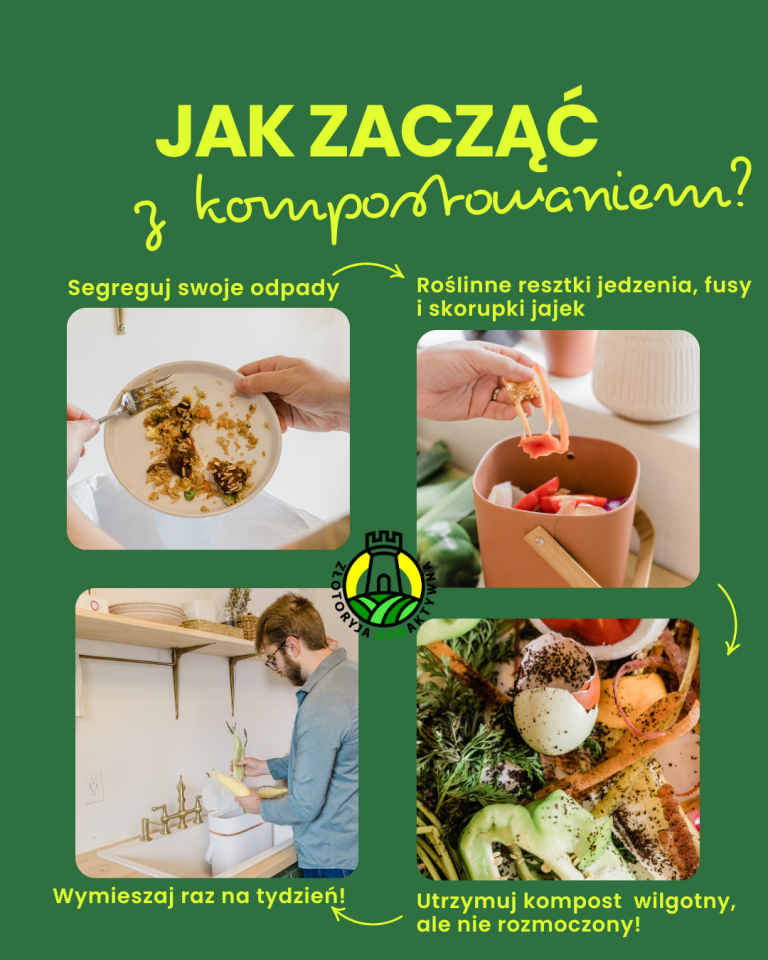 Grafika edukacyjna z napisem „Jak zacząć z kompostowaniem?”. Cztery zdjęcia pokazujące: segregowanie odpadów z talerza, wrzucanie resztek warzyw i fusów do pojemnika, mężczyznę wyrzucającego odpadki kuchenne oraz zbliżenie na mieszaninę obierek, fusów i skorupek jaj. Wskazówki: mieszaj raz w tygodniu, utrzymuj kompost wilgotny, ale nie rozmoknięty.