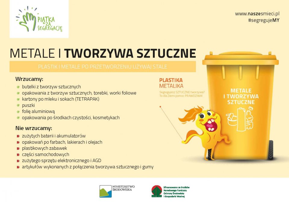 Ilustracja żółtego pojemnika na metale i tworzywa sztuczne z napisem „METALE I TWORZYWA SZTUCZNE” i ikonami butelki, puszki, kartonu. Obok postać Plastika Metalika z tekstem: „To dla Ziemi pomoc PRAWIDZIWA!”. Sekcja „Wrzucamy”: butelki plastikowe, opakowania, kartony po mleku (TETRAPAK), puszki, folię aluminiową, kosmetyczne opakowania. „Nie wrzucamy”: baterii, farb, plastikowych zabawek, części samochodowych, zużytego sprzętu, opakowań łączonych z gumą.