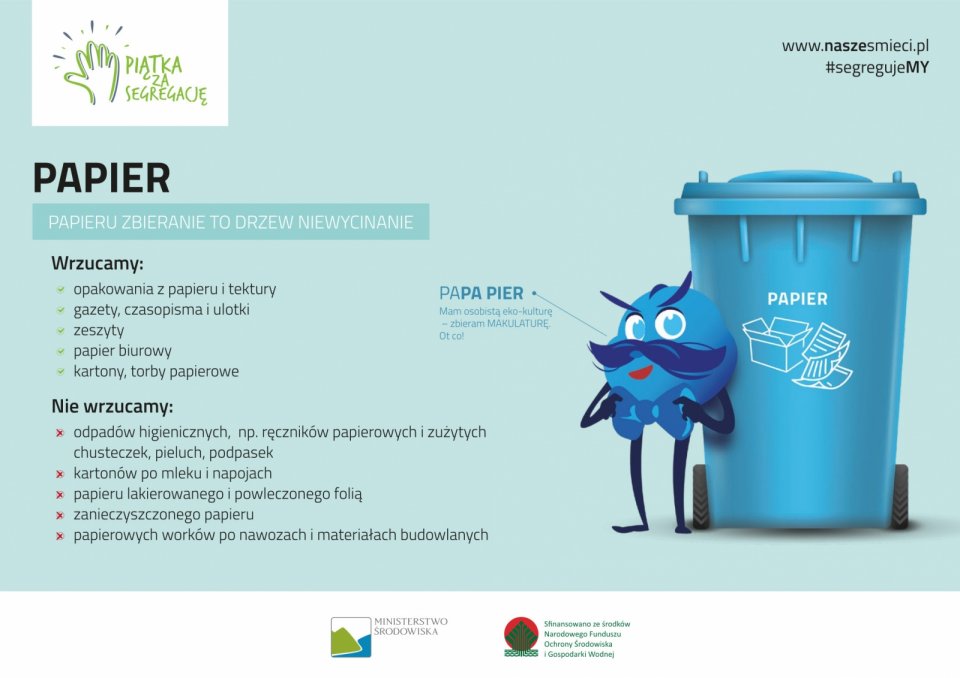 Ilustracja niebieskiego pojemnika na papier z napisem „PAPIER” i ikonami kartonu, kartki, gazety. Obok postać Papa Pier z tekstem: „Zbieram makulaturę – ot co!”. Sekcja „Wrzucamy”: opakowania papierowe, gazety, zeszyty, papier biurowy, kartony. „Nie wrzucamy”: ręczników papierowych, kartonów po mleku, papieru foliowanego, brudnego papieru, worków po nawozach. Logo kampanii i Ministerstwa Środowiska.